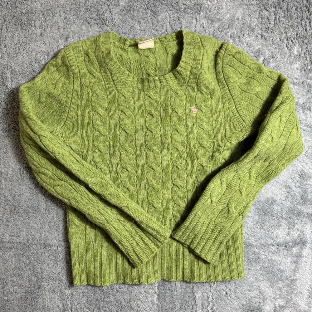 Y2K Abercrombie & Fitch Vintage 100% Wool Cable Knit Sweater Green Small
